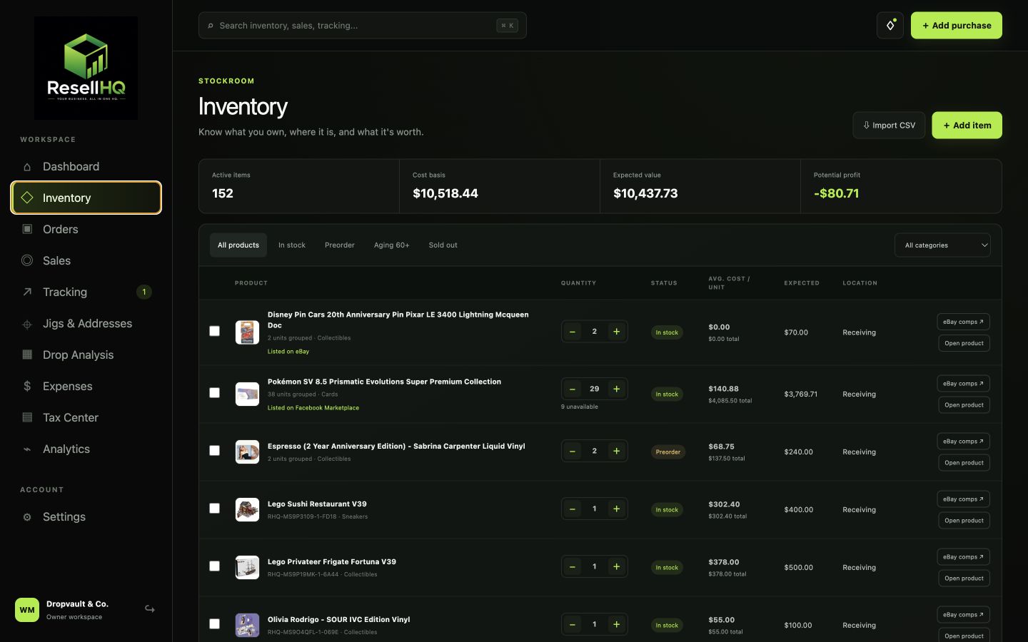 Actual ResellHQ inventory page with product quantities, cost basis, expected value and status
